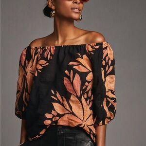 Anthropologie Orange and Black Relaxed Off The Shoulder Puffed Sleeve Blouse